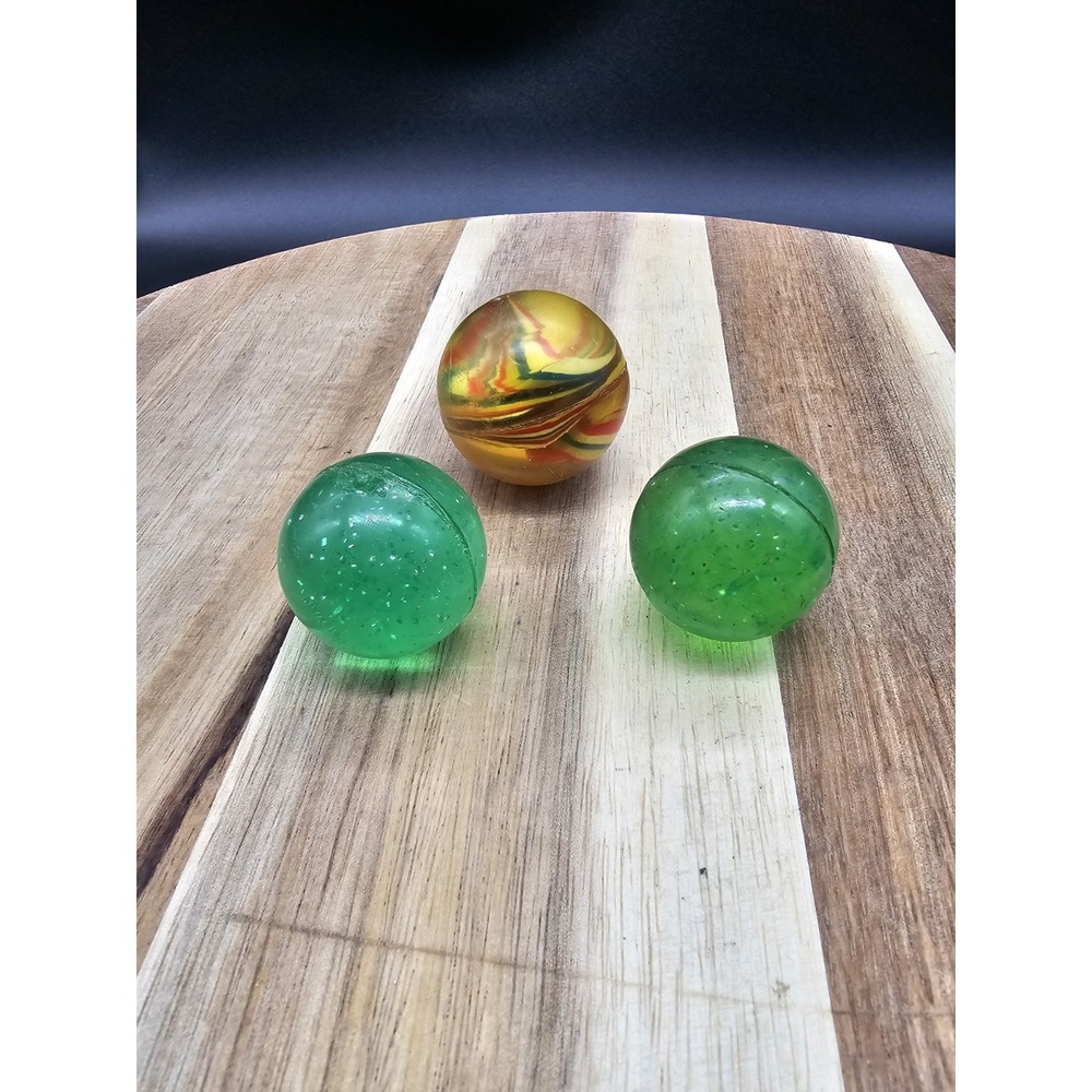 Set Of 3 Vintage Superballs 2 Green Sparkle 1 Red White Blue Swirl Bouncy Balls